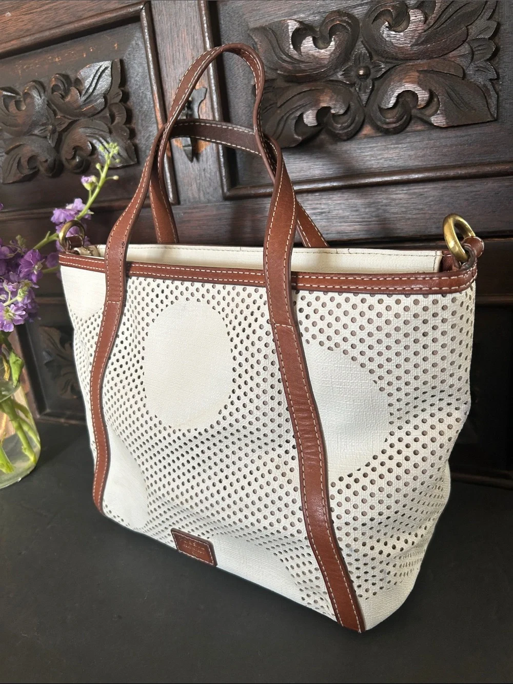 Fossil Cream and Brown Perforated Dot Tote